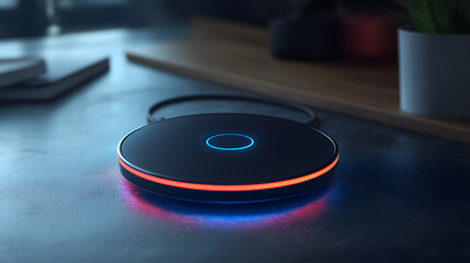 Sleek, futuristic wireless charger with glowing LED lights sits on modern desk, creating high tech ambiance. circular design and vibrant colors add touch of innovation