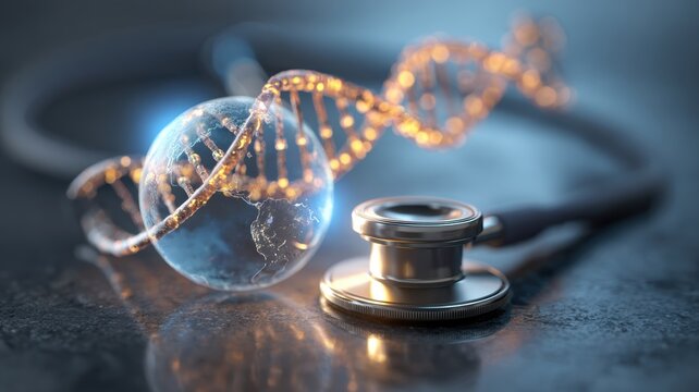 telemedicine global health. Digital illustration of a stethoscope and globe intertwined with DNA strands, symbolizing global health. - Powered by Adobe