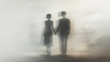 Silhouette couple holding hands in minimalist interior with soft light and shadows, ai generated