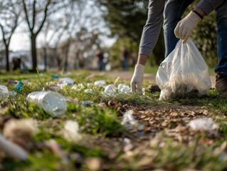 Volunteer picking up plastic trash in a public park to protect the environment, ai generated