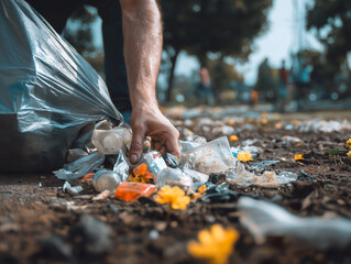Volunteer picking up plastic trash in a public park to protect the environment, ai generated