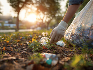 Volunteer picking up plastic trash in a public park to protect the environment, ai generated