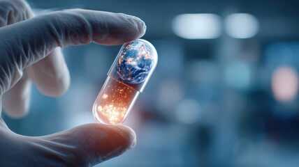 telemedicine global health. A hand holding a glowing capsule in a clinical setting, symbolizing innovation in medicine.