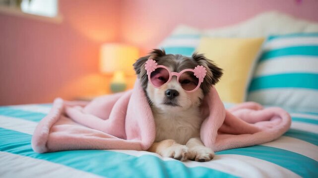Cute dog in pink sunglasses and blanket on bed
