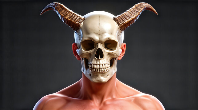 Horned Skull Head on Human Torso - 3D Digital Rendering of Mythic Kronos, Dark Eerie Portrait Symbolizing Mortality, Time, and Power