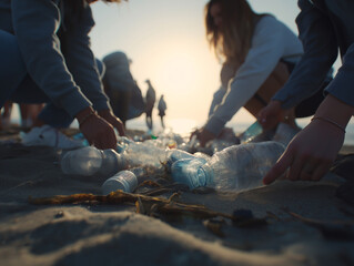 Plastic waste pollution on the beach with volunteers cleaning up trash at sunset, ai generated