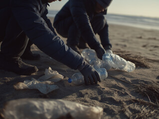 Plastic waste pollution on the beach with volunteers cleaning up trash at sunset, ai generated