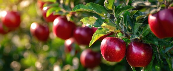 Obraz premium The apples hanging on sunlit orchard branches ripe and ready for autumn harvest