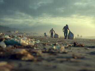 Plastic waste pollution on the beach with volunteers cleaning up trash at sunset, ai generated
