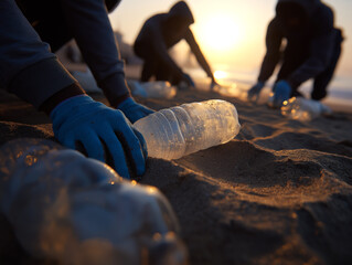 Plastic waste pollution on the beach with volunteers cleaning up trash at sunset, ai generated