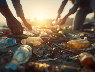 Plastic waste pollution on the beach with volunteers cleaning up trash at sunset, ai generated