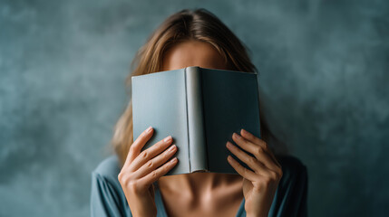 Woman reading a book covering her face with calm and introspective mood, ai generated