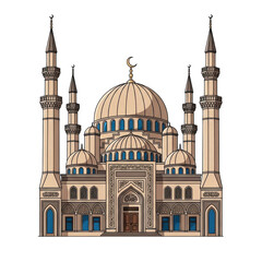 Illustrated mosque with multiple minarets isolated on transparent background