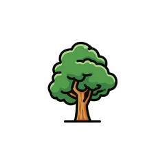 A cartoon illustration featuring a stylized tree with a lush green crown and brown trunk against black background