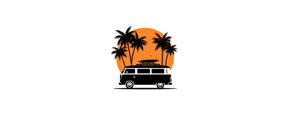 A black silhouette of a van with a surfboard on top, palm trees, and an orange sunset