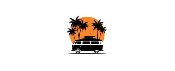 A black silhouette of a van with a surfboard on top, palm trees, and an orange sunset