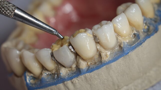 Crafting partial denture teeth alignment in wax on a baseplate medium shot showing the meticulous positioning of acrylic teeth.