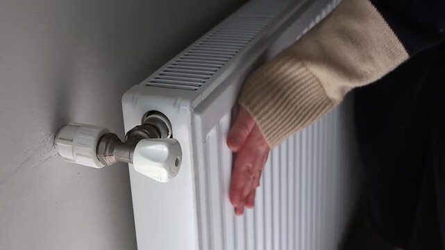 Regulation control of the heating temperature on the battery in the room, female hand. Adjusting turn on heating up, thermostatic radiator valve on radiator.