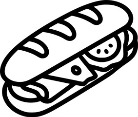 sandwich in baguette bread tomato cheese ham sign, symbol, vector, art