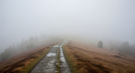 An elevated, narrow dirt path winds upward through autumn-colored grasslands and into a thick, misty fog, with scattered evergreens