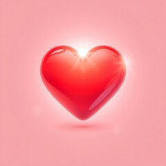 A bright red, glossy heart shape glowing with light on a soft pink background, symbolizing love and romance.
