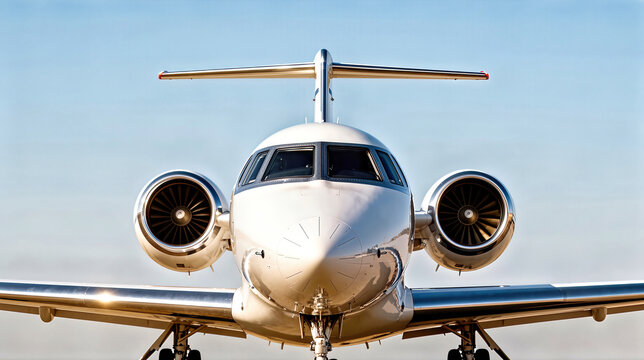 Head-on view of a business jet with twin turbofan engines, black cockpit stripe, silver wings and tail against a clear blue sky, ample copy space