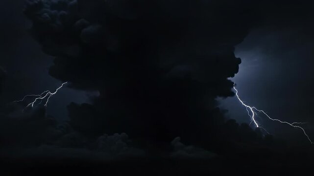 Highly dramatic scene of turbulent black storm clouds roiling violently as they are briefly illuminated by intense, rapid, sequential flashes of blinding lightning rapid, menace, wind