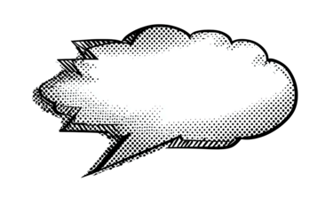 Black and white speech bubble with halftone pattern, a classic comic book element