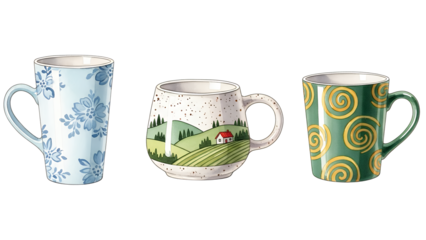 Assorted ceramic mugs with unique designs and patterns on a plain white background from a front viewpoint