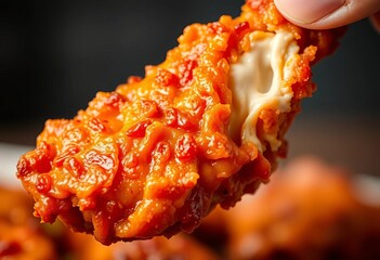 Mouth-watering crispy chicken wing being savored in extreme close-up, food photography style,  appetizer,  takeout
