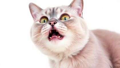Lilac British Shorthair cat with mouth agape in shocked amazement, white background, cat,  cute
