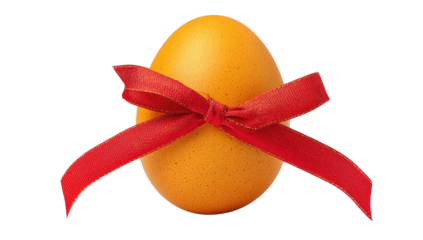 A single brown egg, tied with a bright red ribbon, set against a transparent background