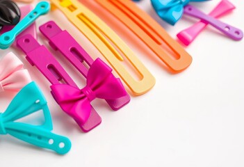 Close-up of colorful hair clips and barrettes arranged on a white background,  accessories, hair clips