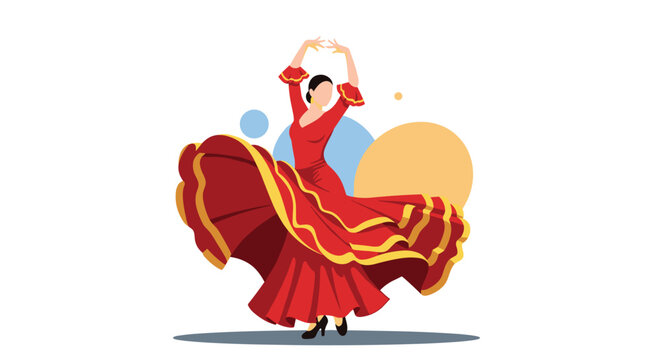 Graceful flamenco dancer in a vibrant red ruffled dress performing a traditional spanish dance on a background with colorful circles.