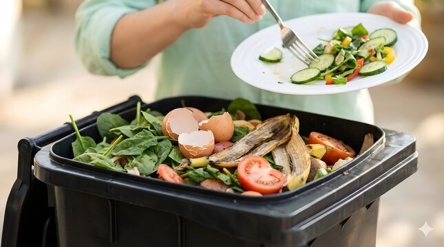 Woman scraping leftover vegetable salad from plate into trash bin for food waste concept