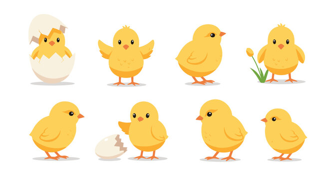 Collection of cute yellow baby chicks in various poses including hatching from an egg and standing by a flower, adorable spring clip art.