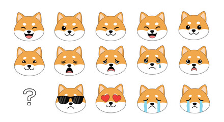 Fototapeta premium Collection of shiba inu dog emoji faces expressing different emotions like happiness sadness anger and love on a white background.