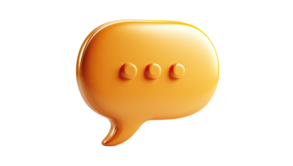 Glossy orange 3D speech bubble with three dots, isolated on a stark black background