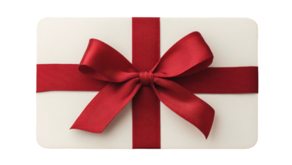 A flat, rectangular card is tied with a lush, satin red ribbon tied into a perfect bow