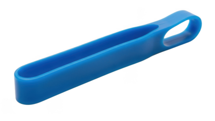 Bright blue plastic kitchen utensil with oval handle and scoop isolated on a transparent background image