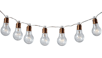 A string of clear incandescent light bulbs against a black background