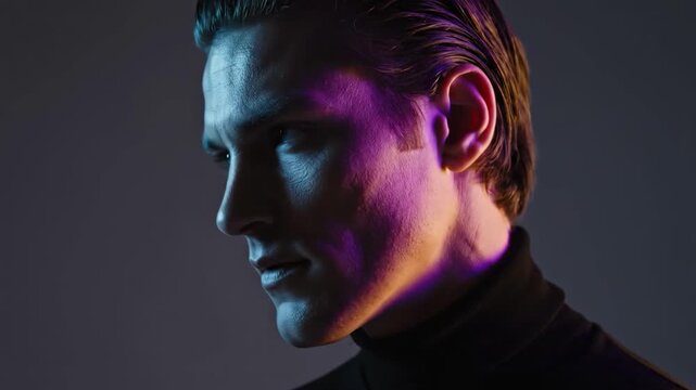 Man with purple and blue lighting on his face