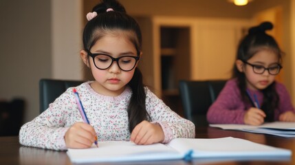 Two young girls with glasses are focused on writing in notebooks at a table in a cozy indoor setting.