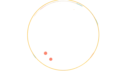 A black circle with a gold outline, showcasing two small pink orbs within the composition