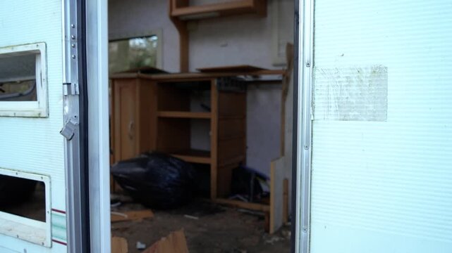 Interior view revealing abandoned trailer filled with trash debris. Vandalized living space deteriorating as looting damage spreading inside. Evidence indicating crime activity exposing harsh social