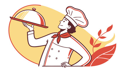 Illustration of chef presenting food on a serving dish