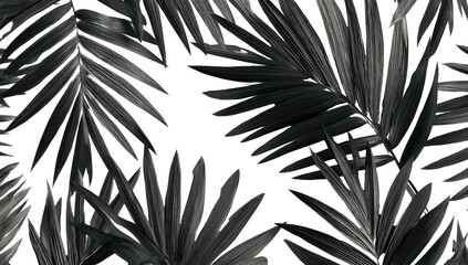 A grayscale botanical display featuring overlapping palm leaves on a dark background
