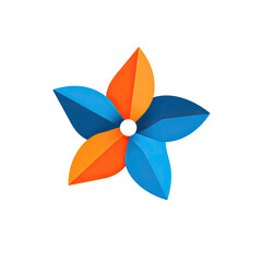A vibrant, abstract, five-petaled star in shades of blue and orange, set against black