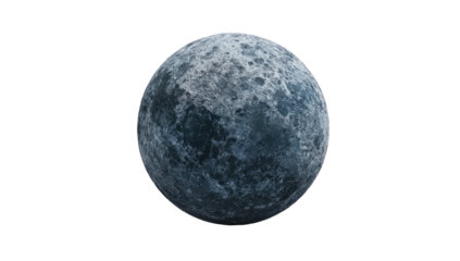 A rendered, icy sphere isolated against a stark, black background. The surface is textured