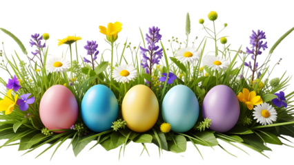 Easter eggs in grass and flowers isolated on transparent background